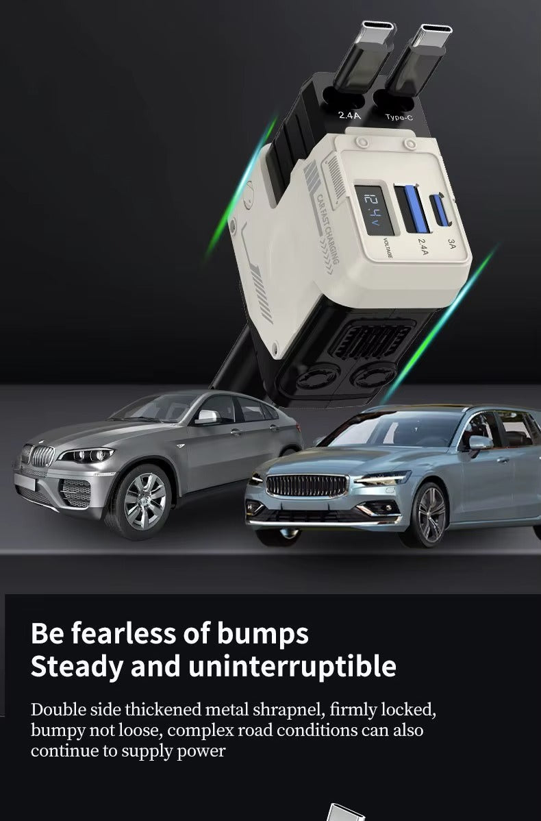 120W Super Fast Car Charger – 4-in-1 Retractable Cable Adapter