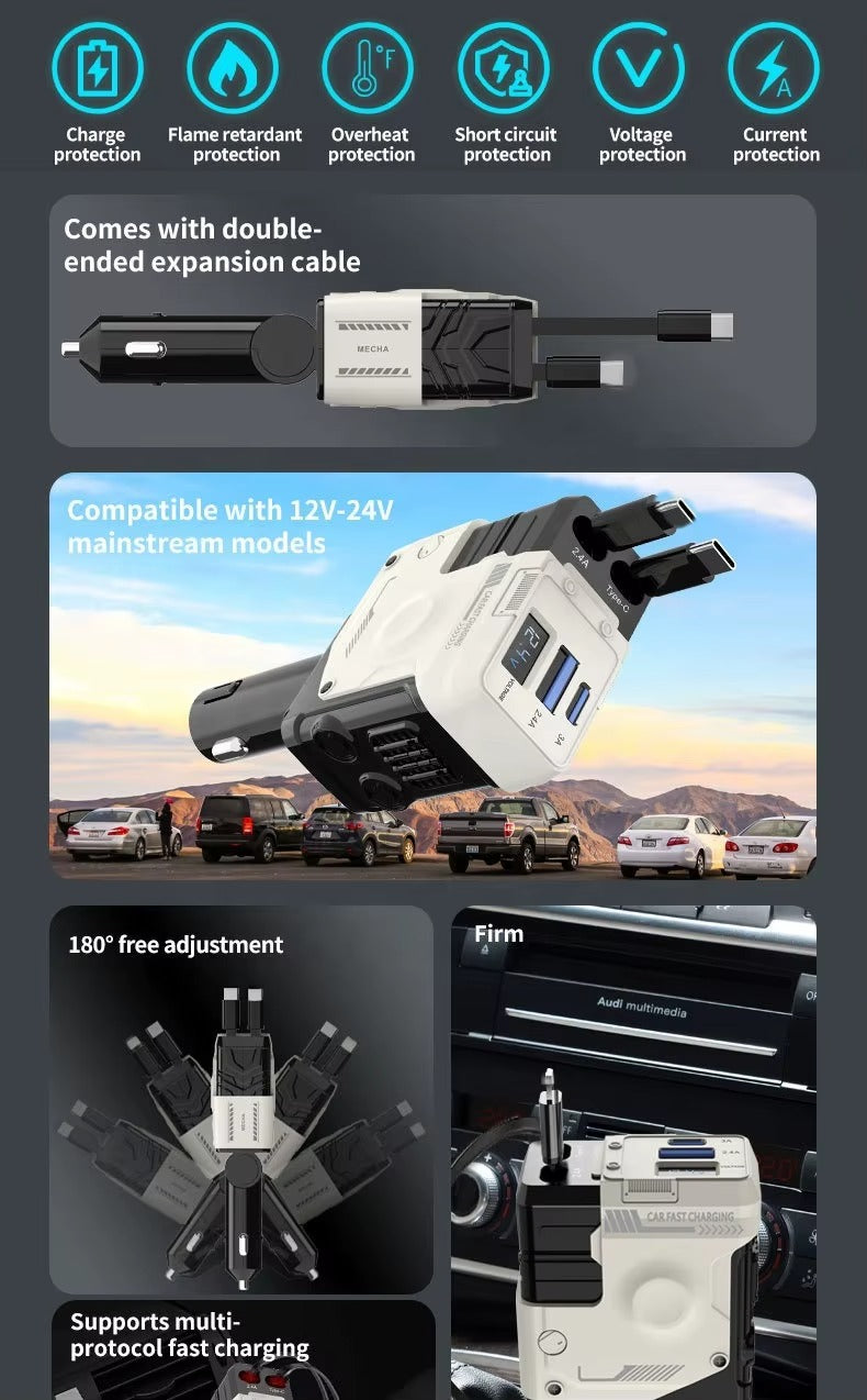 120W Super Fast Car Charger – 4-in-1 Retractable Cable Adapter